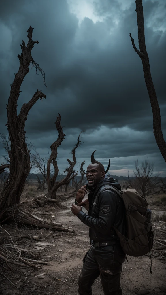 a black man with horns, 3 eyes, deformed teeth, rotten skin, (best quality,4k,8k,highres,masterpiece:1.2),ultra-detailed,(realistic,photorealistic,photo-realistic:1.37),horror,dark fantasy,surreal,twisted,gritty,chiaroscuro lighting,moody atmosphere,eerie,gothic,abandoned town,desolate landscape,cracked earth,dead trees,overcast sky,dynamic lighting