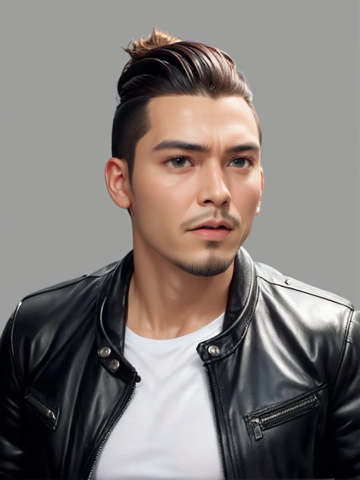 3d A man, wearing a white t-shirt, open black leather jacket, wearing a headband, Features high quality bright images, realistic details, cinematic, Full HD 16k.