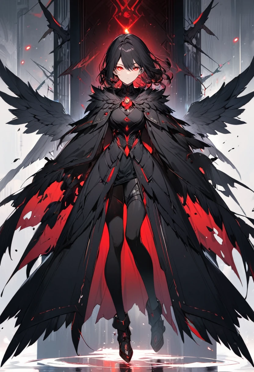Girl, red eyes, black hair, medium hair, glowing eyes, pretty, black cloak, mature beauty, black wing, full body shot