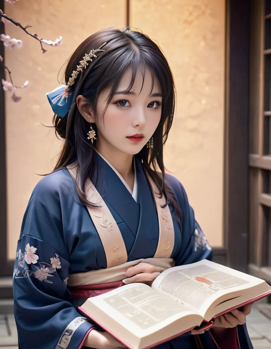 a beautiful ancient japanese astrologer, detailed face, mesmerizing eyes, elegant robes, holding an astrology book, intricate astrological symbols floating around, ethereal lighting, vibrant colors, cinematic composition, (best quality,4k,8k,highres,masterpiece:1.2),ultra-detailed,(realistic,photorealistic,photo-realistic:1.37),cinematic lighting,dramatic shadows,vibrant colors,detailed ornaments,elegant hairstyle,serene expression,traditional japanese architecture,mystical atmosphere