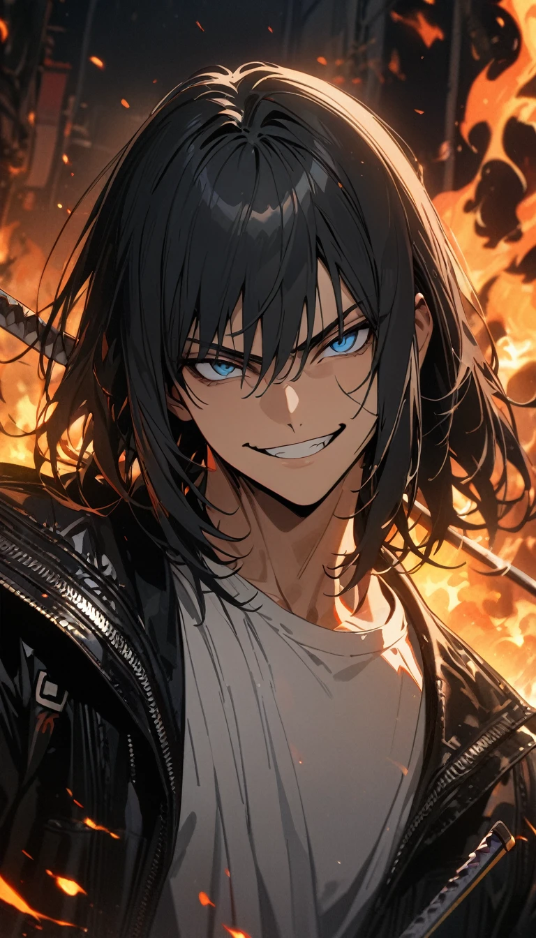 Adult guy, short black hair, blue eyes, black leather jacket, white T-shirt, jeans, katana, fire, smirk, Kusanagi clan, Masterpiece, best quality, Full HD, 8k, ultra details, great graphic
