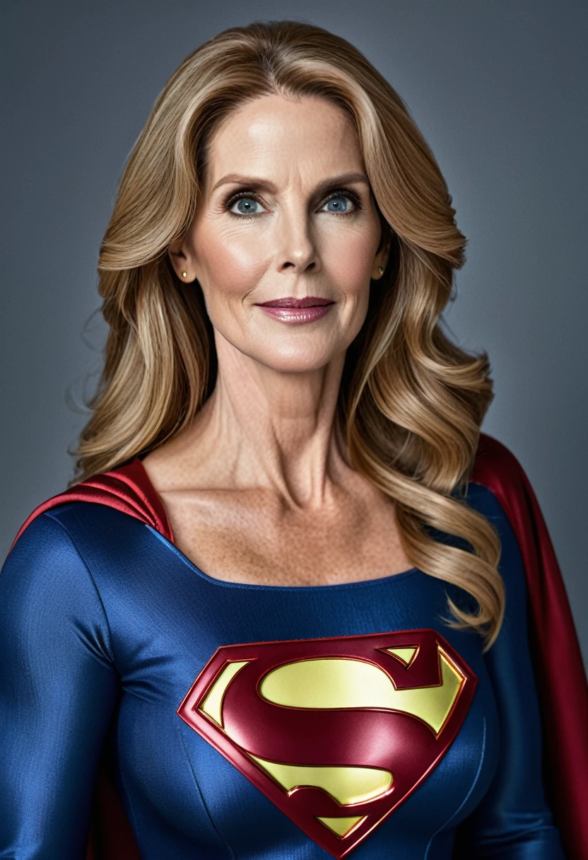Supergirl Julie Hagerty ; HD. Photograph, ((realism)), extremely high quality RAW photograph, ultra detailed photograph, sharp focus, high resolution, (detailed skin:1,3),high quality, film grain, Fujifilm XT3,Highly Detailed, movie, (Cinematic Photo:1.3) of (Realistic:1.3)