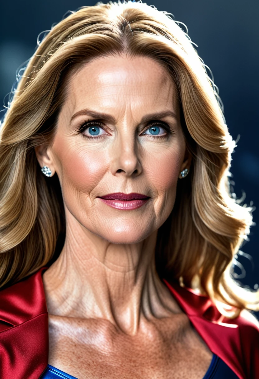 Supergirl Julie Hagerty ; HD. Photograph, ((realism)), extremely high quality RAW photograph, ultra detailed photograph, sharp focus, high resolution, (detailed skin:1,3),high quality, film grain, Fujifilm XT3,Highly Detailed, movie, (Cinematic Photo:1.3) of (Realistic:1.3)