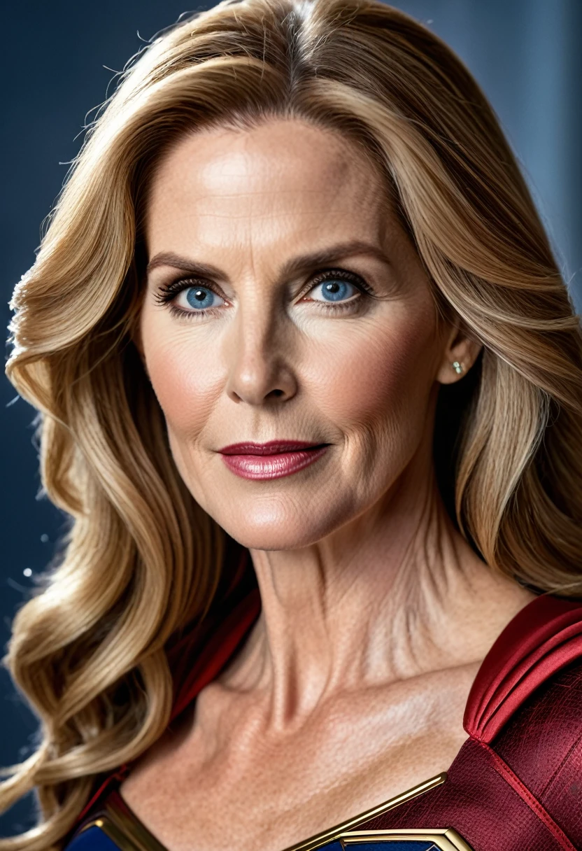 Supergirl Julie Hagerty ; HD. Photograph, ((realism)), extremely high quality RAW photograph, ultra detailed photograph, sharp focus, high resolution, (detailed skin:1,3),high quality, film grain, Fujifilm XT3,Highly Detailed, movie, (Cinematic Photo:1.3) of (Realistic:1.3)