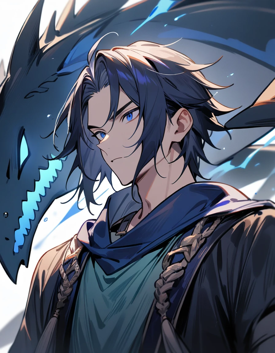 (1boy,) male focus, shark curse, dark blue eye color, masterpiece, best quality, high quality, upper body, male focus