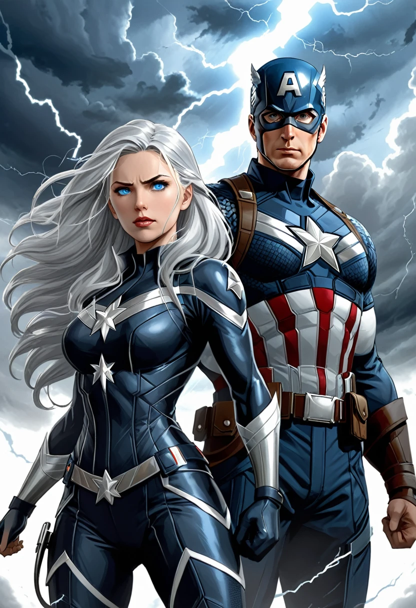 She is a tall, athletic woman with long silver hair., that glows slightly when he uses his powers. His eyes change color depending on his emotional state and the weather phenomena he manipulates., from a calm sky blue to a stormy gray. Her heroine outfit is black and white., with silver details reminiscent of lightning and clouds.tornado symbol with Captain America&#39;s shield