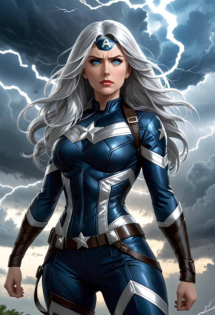 She is a tall, athletic woman with long silver hair., that glows slightly when he uses his powers. His eyes change color depending on his emotional state and the weather phenomena he manipulates., from a calm sky blue to a stormy gray. Her heroine outfit is black and white., with silver details reminiscent of lightning and clouds.tornado symbol with Captain America&#39;s shield