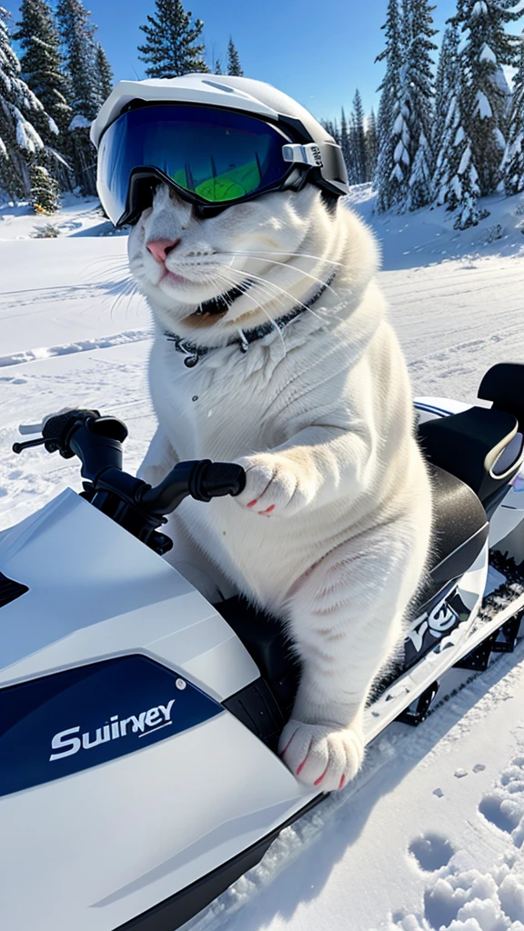 Realistic white chubby kitten excitedly driving snowmobile in snowmountine