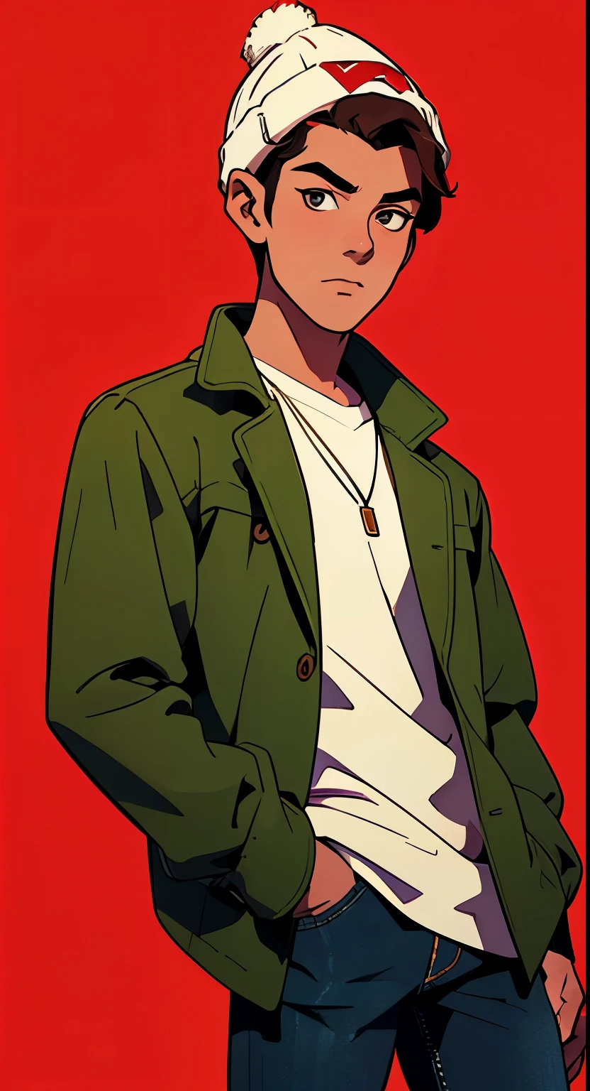 masterpiece,4k, single guy, detailed draawing of a young 21 year old man, looks like jay hernandezi, with brown skin, brown hair and brown eyes, stubble, wearing a green jacket, jeans and a red beanie, no background, white background