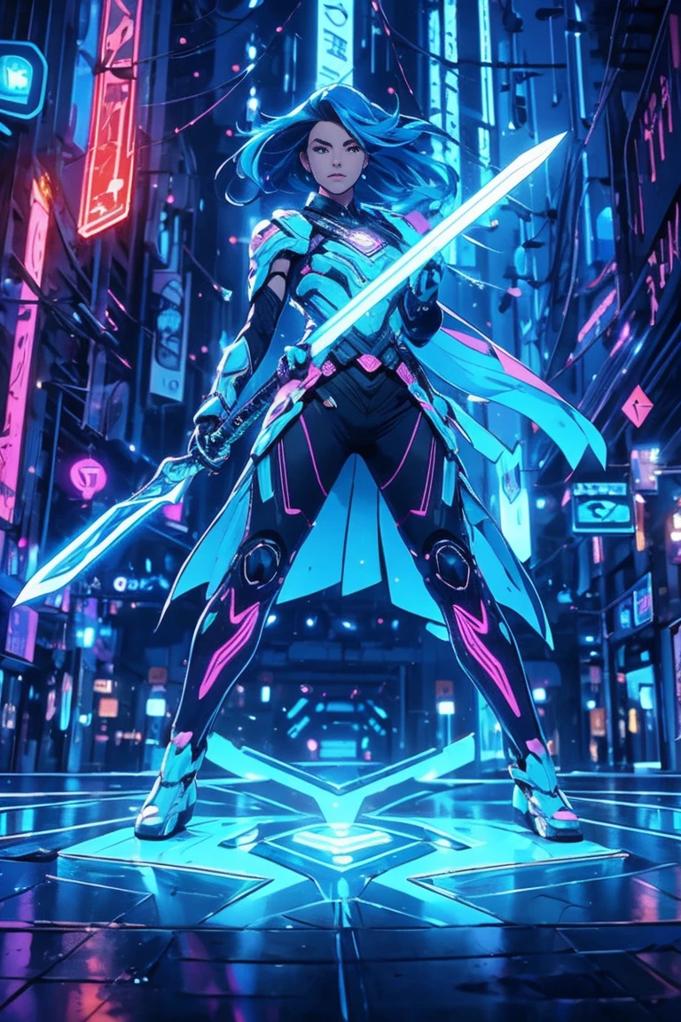 Aiko is a 16-year-old warrior in a cyberpunk world full of magic and technology. She has cyber-blue hair, long and slightly wavy, with strands that look like optical fibers. His eyes are an intense and bright blue, reflecting your connection to magic. The skin is clear with a slight magical luminescence.
Clothing and Equipment:
Lightweight, futuristic armor that amplifies your magical powers, made of metallic material with blue and white neon details. Includes shoulder protectors, 가슴, Arms and legs.
Technological gloves with light circuits and a bracelet that projects holograms.
Energy sword with sparkling blue blade and technological details, as well as small gadgets attached to the waist.
Tall, robust boots with soles that allow for greater traction, decorated with neon lights.
Expression and Pose:
Determined and courageous expression, with a touch of vulnerability in the eyes.
combat pose, with sword drawn and prepared to attack.
scenario:
cyberpunk environment, with bright skyscrapers in the background, neon and holograms illuminating the scene.
Mix of ancient ruins with modern technology around it.
Magic visual effects, like sparks of blue energy or floating magical symbols.