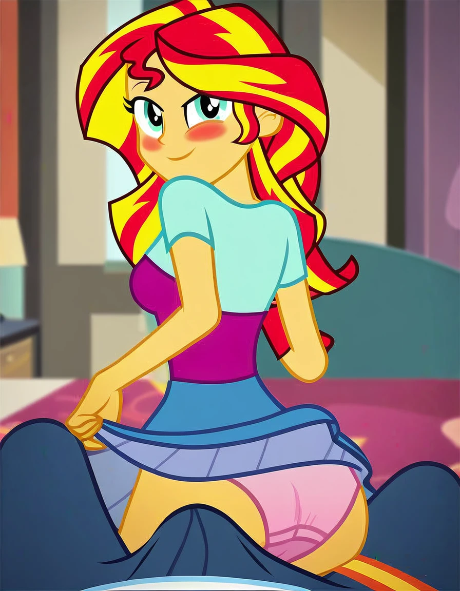 score_9, score_8_up, score_7_up, score_6_up, score_5_up, score_4_up, background sunset apartment, bedroom, sunset shimmer, equestria girls, cute, romantic, bedroom eyes, breasts, bra, female, , bend over, looking back, looking at viewer, beautiful, panties, upskirt, skirt lift, shirt lift, cartoon, vector, show accurate, blushing, male pov, Sunset sticks her ass out, shapely ass, small panties. Male POV has a very huge bulge in his pants, erection penis in pants
