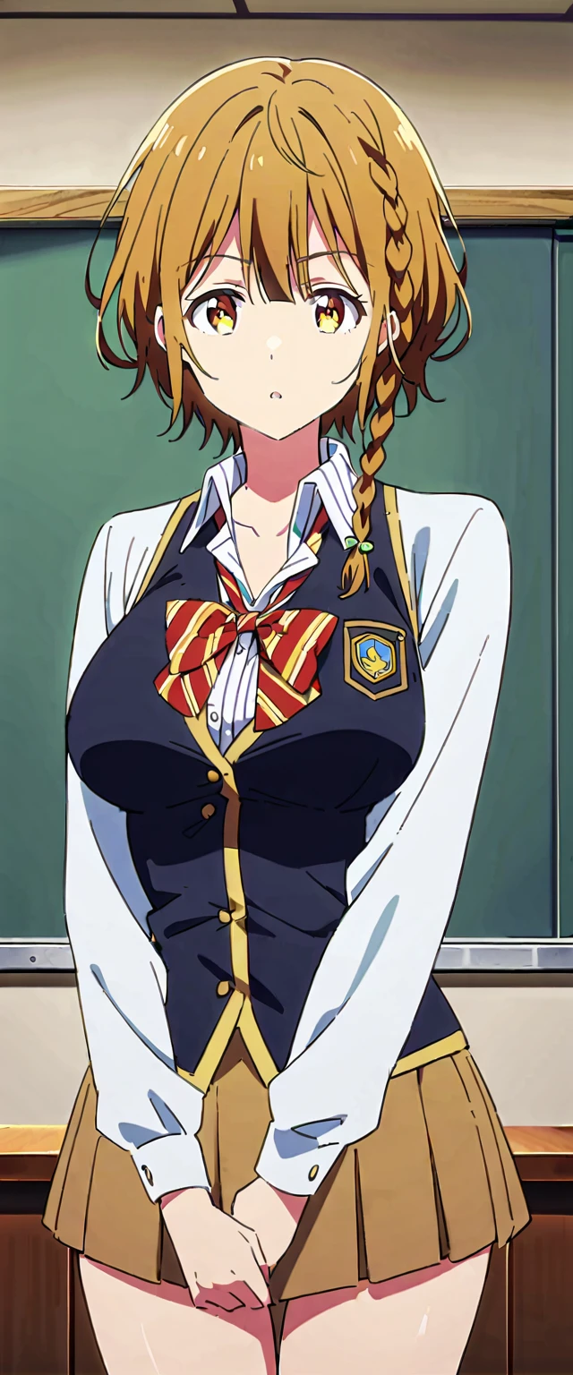 32k, chica estilo anime, cowboy shot, yoshino_koiwai, brown hair, yellow eyes, short hair, braid, side braid, single braid, bangs, big breast, tits, hair ornament, bow, bowtie, wearing a brown miniskirt with squares, blue yersey with a white shirt, with a red tie, in pose sesy in a classroom.