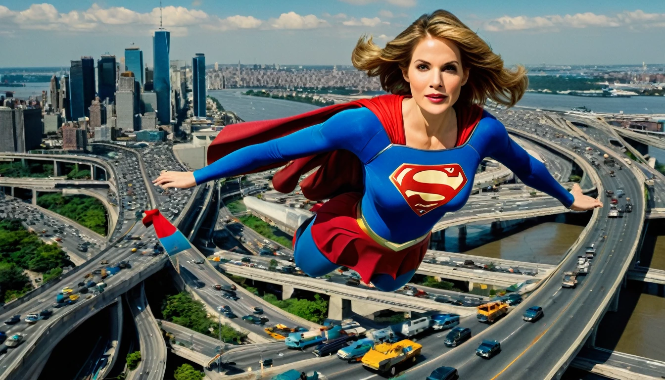 New York city 2024 panoramic view; flying with determination; faster than a jet; Julie Hagerty  ((without glasses))) Supergirl 1984s costume (((50 years old; short hair))); determined, confident, imposing woman; airbender; floating above the  highway(((Região dos Lagos))); (heavy traffic; satellite view); superhero pose flying through the skies 