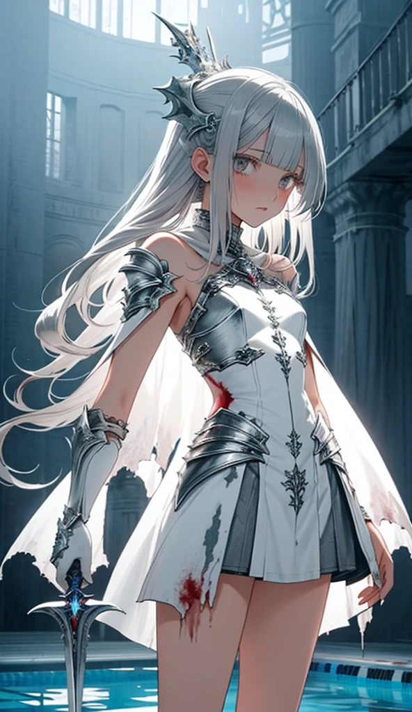 Long white hair in ponytail, grey eyes, slim, fantasy clothes,8k, best quality, high resolution.