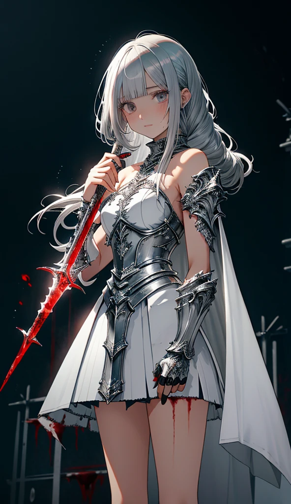 Sil girl_1 one character on picture, alone,(perfect Anatomy:1.43), (long silkyl hair:1.55) ,(half up:1.45),bangs, (heterochromia eyes+different coloured eyes),,beautiful eyes,(sad
That girl,_1 with a long straight cutted hair, silver gray straight hair, blunt bangs, straight bangs and side bangs, straight cutted bangs and side bangs,
,white silver hair:1.6),blood-soaked boots,(18 years old:1.5),full body,(fusion of bloody white silver full armor and blood-soaked long cape:1.63),(bare shoulders:1.5),(miniskirt:1.26),(holding a blood-soaked Rapier:1.43),(standing on the battlefield of the pool of blood in the moonlit night:1.52),fantasy,(blood effect:1.53),POV,vision at eye level,(drop shadow:1.21)