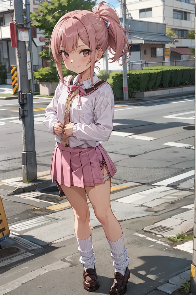 1girl,pink shirts,neck ribbon loose socks,,miniskirt,standing,outdoor,smirk,flat chest,smile,(((gyaru))),ponytail