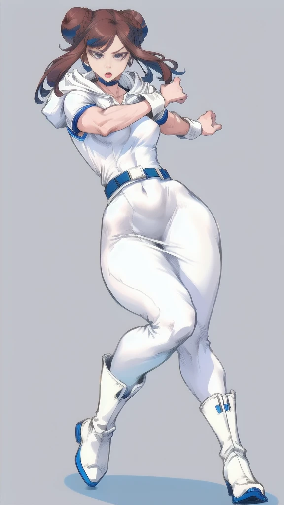 Full body image of Leia Organa from Star Wars, full body in image, wearing her original outfit (white dress with hood, silver belt, and white boots), long hair styled in buns, female body, slender and athletic body, dynamic pose, detailed pose, simple background, expressive face, focus on face, line art, sketch