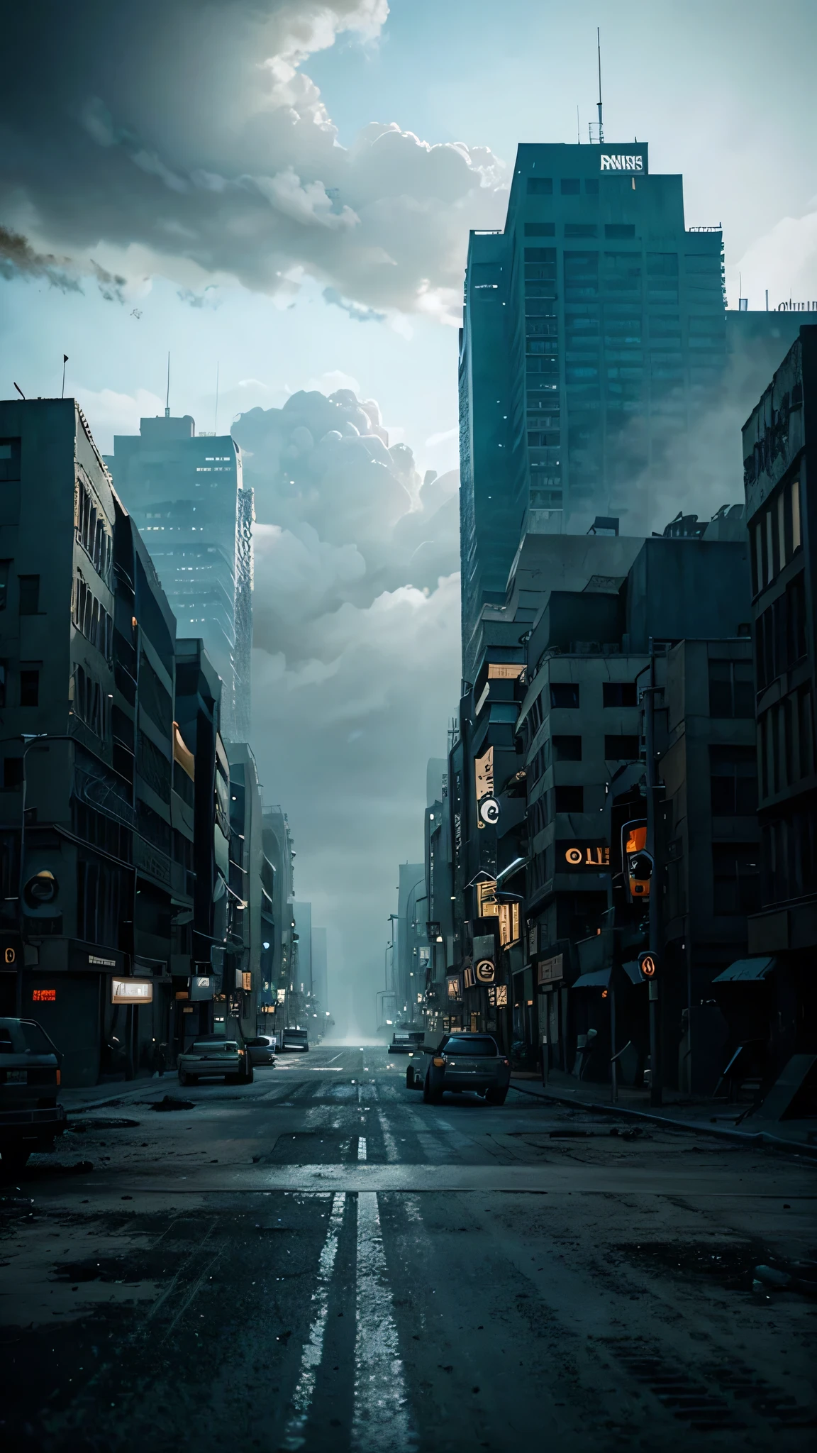 post-apocalyptic world, no humans, 4k realistic imagery, blue scenery like a movie scene, old american setting, inspired by blade runner movie scene, blue tone,