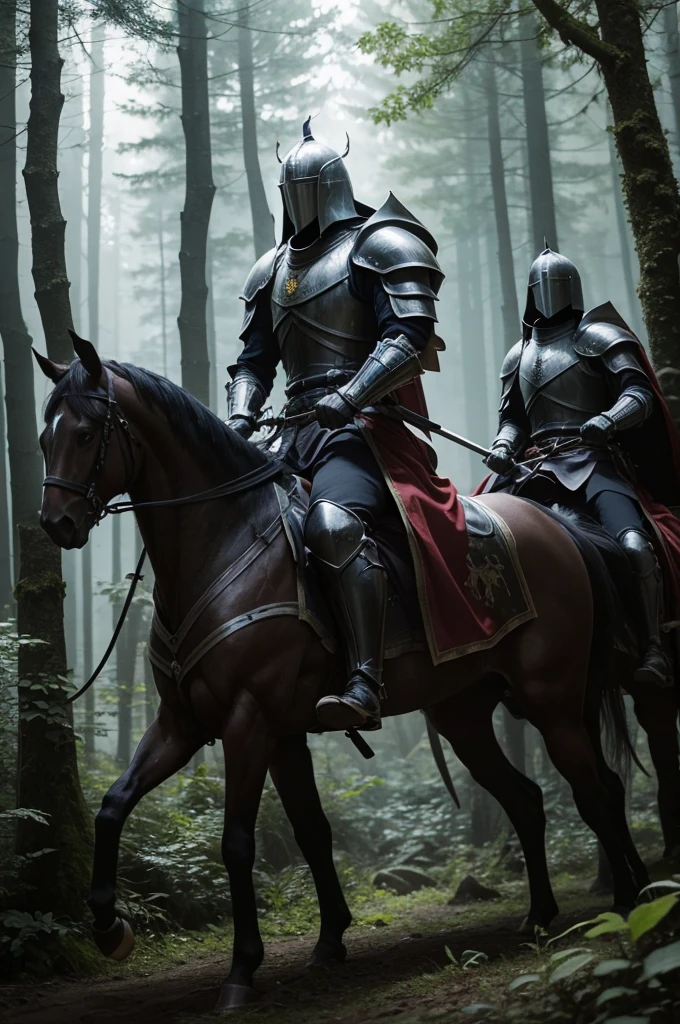 3 knights coming out of a dark forest riding