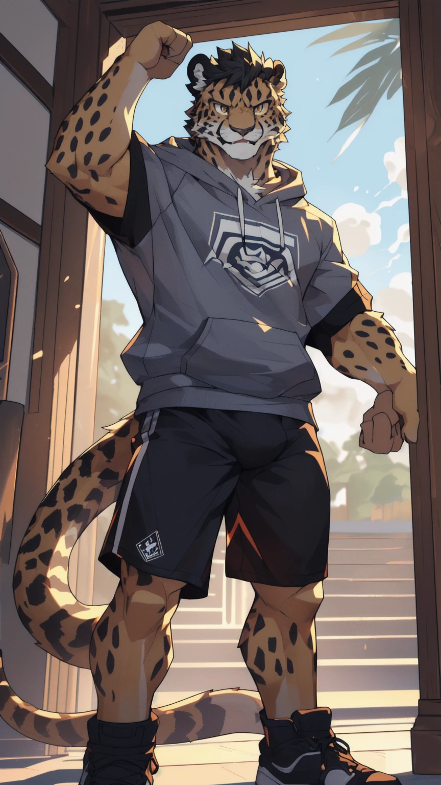 Random Background，high resolution，4K，masterpiece，high quality，Warm man，29 years old，((Cheetah))，male，((whole body:1.4，Strike a pose:1.5，fiercely:1.3，grimace in pain:1.4))，CheetahFurry，（teenager:1.5，hairy），((Moderate:1.2，short hair:1.3))，((Strong body:1.5，Long legs:1.3，big ear:1.3，Thick long tail，Long legs))，(((Grey sweatshirt，Black sports shorts)))，(((Hair:1.6，充满Moderate肌肉:1.3，Golden Eyes:1.4，Black hair:1.3，White chest:1.3，White belly:1.4，Limbs:1.4，Crotch bulge)))，Delicate eyes:1.6，Fine details，Detailed body，（Detailed hand details:1.4）