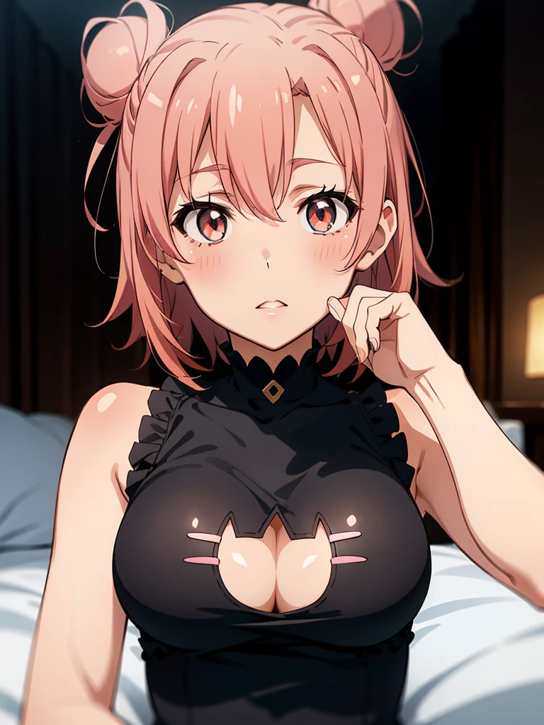 ((masutepiece, Best Quality, hight resolution, nffsw, Perfect Pixel, depth of fields, 4K, )), 1girl in, Solo, , Beautiful anime girl, Beautiful Art Style,
close up, Looking at Viewer,
Perfect body,
Yuigahama Yui, Hair bun, Short hair, large boob, Pink hair,
(Full face blush),
Upper Eyes,
lying on back on bed,
(darkness, indirect lighting),
Wearing edgy cat's lingerie,
Cat clippings,
cleavage cutout,