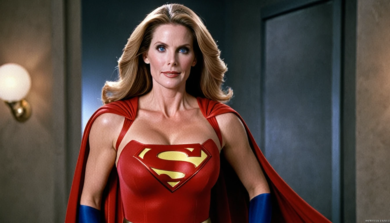 strong Julie Hagerty Supergirl; big and strong breasts. HD. Photograph, ((realism)), extremely high quality RAW photograph, ultra detailed photograph, sharp focus, high resolution, (detailed skin:1,3),high quality, film grain, Fujifilm XT3,Highly Detailed, movie, (Cinematic Photo:1.3) of (Realistic:1.3)
