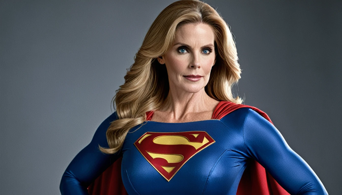 strong Julie Hagerty Supergirl; big and strong breasts. HD. Photograph, ((realism)), extremely high quality RAW photograph, ultra detailed photograph, sharp focus, high resolution, (detailed skin:1,3),high quality, film grain, Fujifilm XT3,Highly Detailed, movie, (Cinematic Photo:1.3) of (Realistic:1.3)