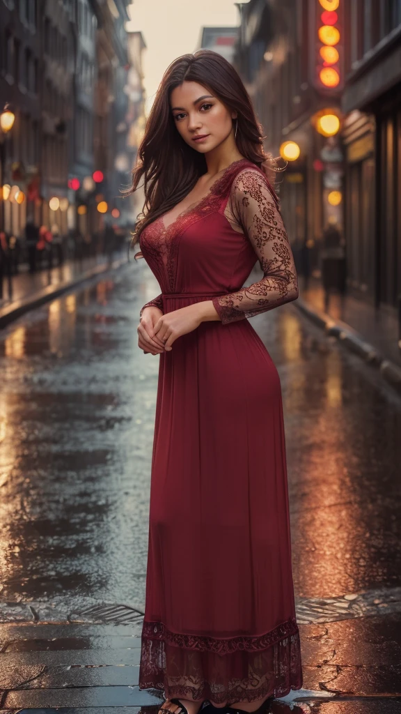 (best quality,8k, ((wearing lace maxi dress)),standing,red light district,highly detailed face and skin texture,detailed eyes,double eyelids),portrait,sunny atmosphere,soft focus,warm color tones,subtle backlighting,dewdrops on lashes,urban landscape,reflection on wet pavement,moody aesthetic. Body main focus,  