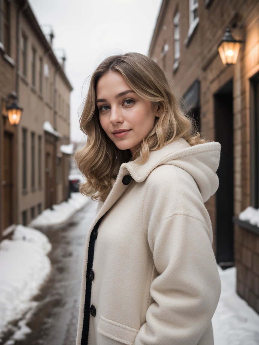 photography of a 20yo woman,light blond hair, perfect face, masterpiece,instaphoto,latina, a mole on my right cheek, photorealisic,8k, a gentle smile,Transition the Christmas photoshoot to Discover a charming urban alley covered in snow for a mix of city and winter aesthetics, featuring a blonde girl with cascading, curly hair till her sholders, enchanting blue eyes, and an alluring physique adorned in stylish oversized winter coat from wool in black in full size, magical ambiance, Photography, Nikon Z7, 50mm f/1.8 lens