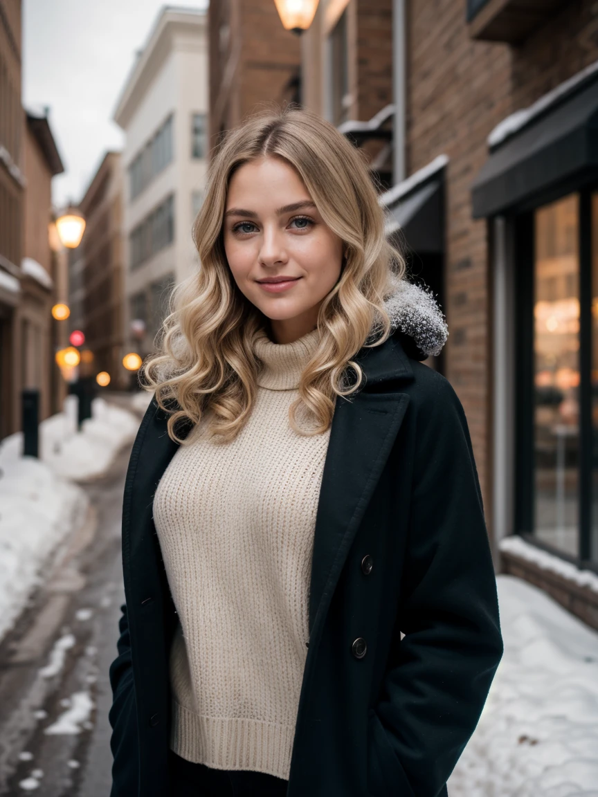 photography of a 20yo woman,light blond hair, perfect face, masterpiece,instaphoto,latina, a mole on my right cheek, photorealisic,8k, a gentle smile,Transition the Christmas photoshoot to Discover a charming urban alley covered in snow for a mix of city and winter aesthetics, featuring a blonde girl with cascading, curly hair till her sholders, enchanting blue eyes, and an alluring physique adorned in stylish oversized winter coat from wool in black in full size, magical ambiance, Photography, Nikon Z7, 50mm f/1.8 lens