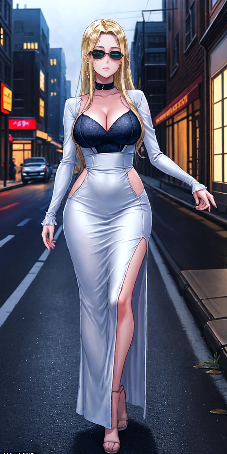 Setting: Atmospheric Street Background (Think bustling city street at night with neon lights and rain, a foggy alleyway, or a deserted highway at dusk) - Choose the specific atmosphere you desire. Character: Appearance: Ultra Quality - High level of detail and realism Shiny Skin - Glowing and healthy Long wet Hair - Flowing down the back Narrowed Eyes - Focused and intense expression (sharp or piercing) Attire: Long Dress - Elegant and flowing Pose: Fingers Crossed - A gesture hinting at hope, nervousness, or even making a wish. Accessories: Sunglasses - Adding a touch of mystery or coolness (consider the style of sunglasses to match the overall mood) Additional Notes: Consider adding details about the character's posture (standing tall, leaning against a wall, etc.) to enhance the scene. The quality of the image is 8K or Cinematic 