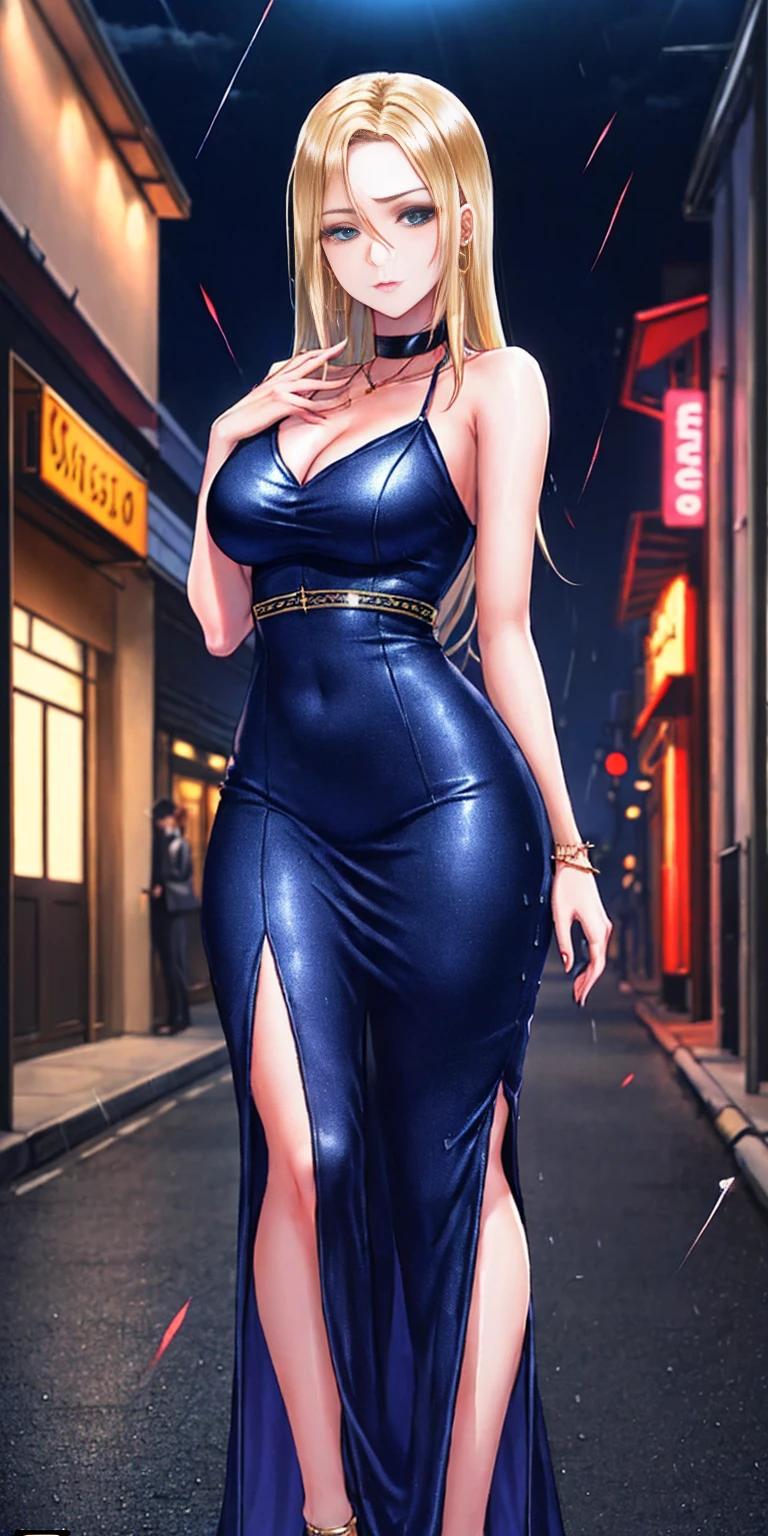 Setting: Atmospheric Street Background (Think bustling city street at night with neon lights and rain, a foggy alleyway, or a deserted highway at dusk) - Choose the specific atmosphere you desire. Character: Appearance: Ultra Quality - High level of detail and realism Shiny Skin - Glowing and healthy Long wet Hair - Flowing down the back Narrowed Eyes - Focused and intense expression (sharp or piercing) Attire: Long Dress - Elegant and flowing Pose: Fingers Crossed - A gesture hinting at hope, nervousness, or even making a wish. Accessories: Sunglasses - Adding a touch of mystery or coolness (consider the style of sunglasses to match the overall mood) Additional Notes: Consider adding details about the character's posture (standing tall, leaning against a wall, etc.) to enhance the scene. The quality of the image is 8K or Cinematic 