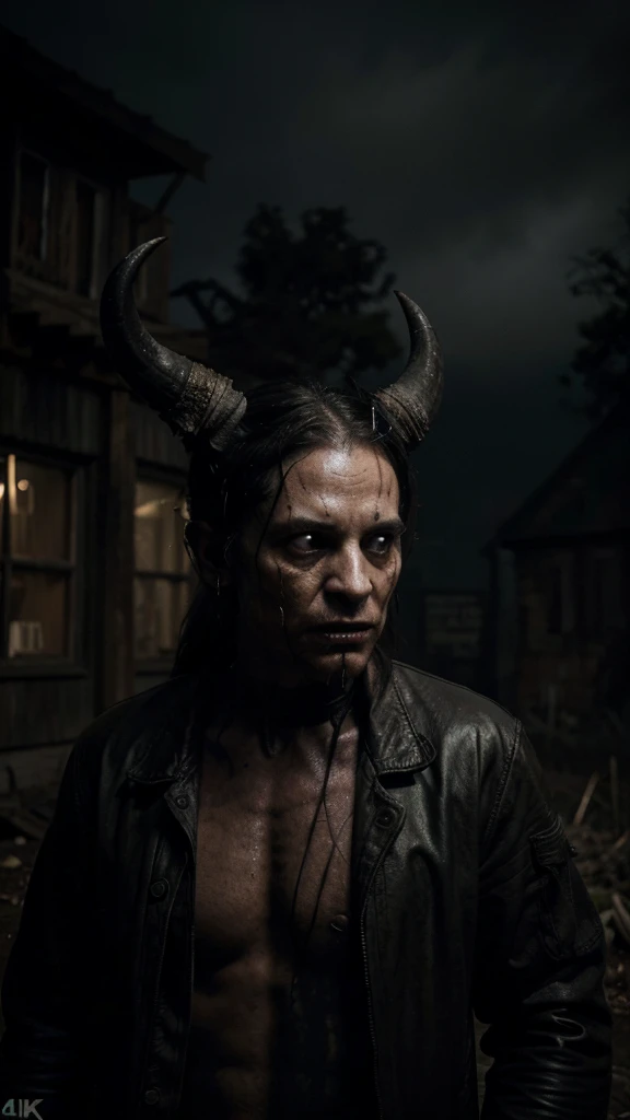 a horrific demon with 3 horns, no eyes, protruding teeth, rotting skin, lurking on the outskirts of a small town, dark fantasy, sinister, twisted, gritty, moody lighting, dramatic shadows, muted colors, ominous atmosphere, cinematic, (best quality,4k,8k,highres,masterpiece:1.2),ultra-detailed,(realistic,photorealistic,photo-realistic:1.37)