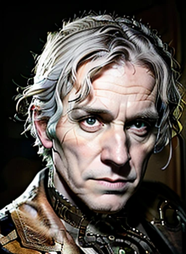 A photorealistic picture of a sleazy, middle aged man with the eyes of alcoholic or drug user, short unkempt gray hair, pale skin, dressed as a steampunk aristocrat, nine o'clock shadow