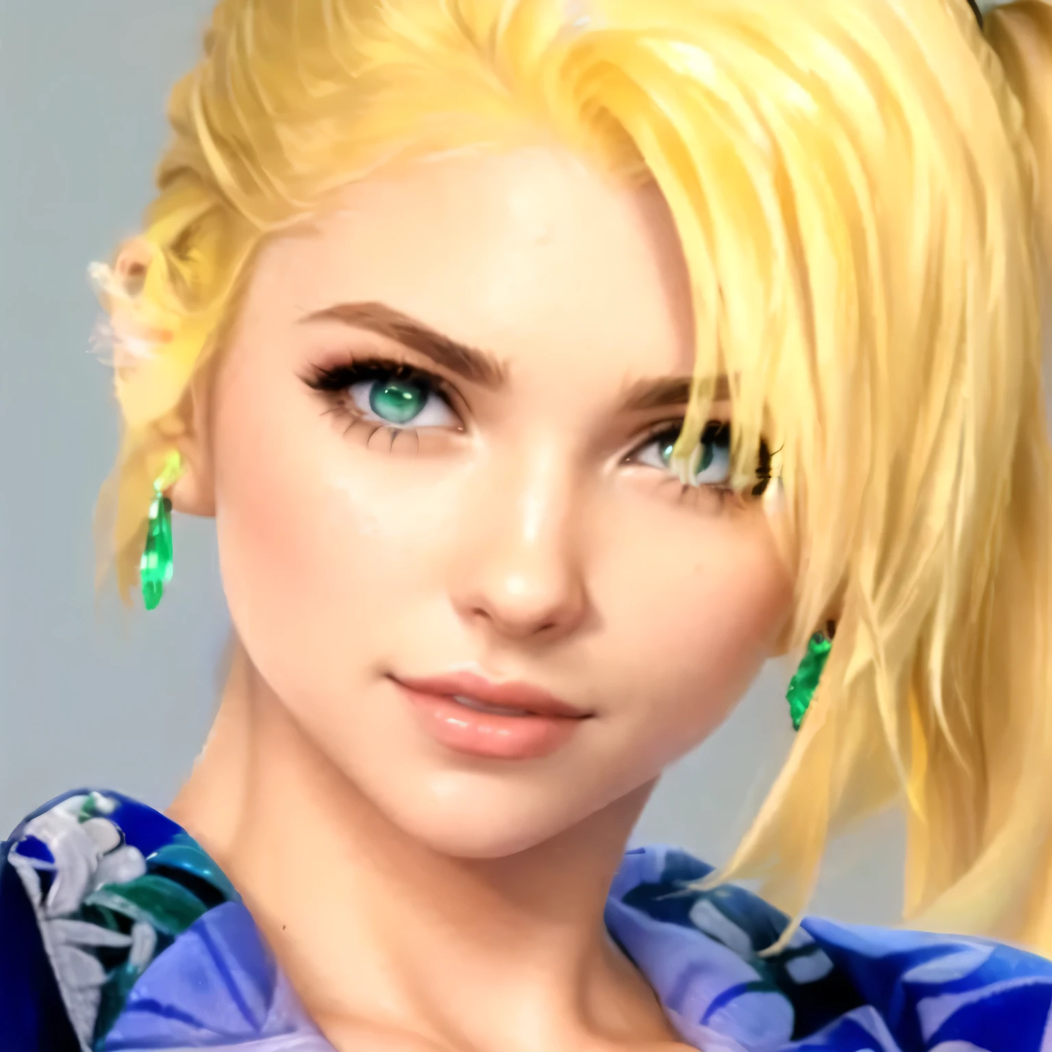 a close up of a blonde girl with a shirt on and right thumb up, she's European, as a character in Out Run 2, of SEGA, 3D CG, Clarissa, 2k, 2 k, emerald green eyes, realistic, render of april, fighting game character, nina from tekken, shirt has some hawaiaan motif on it, she has  jade drop earrings 