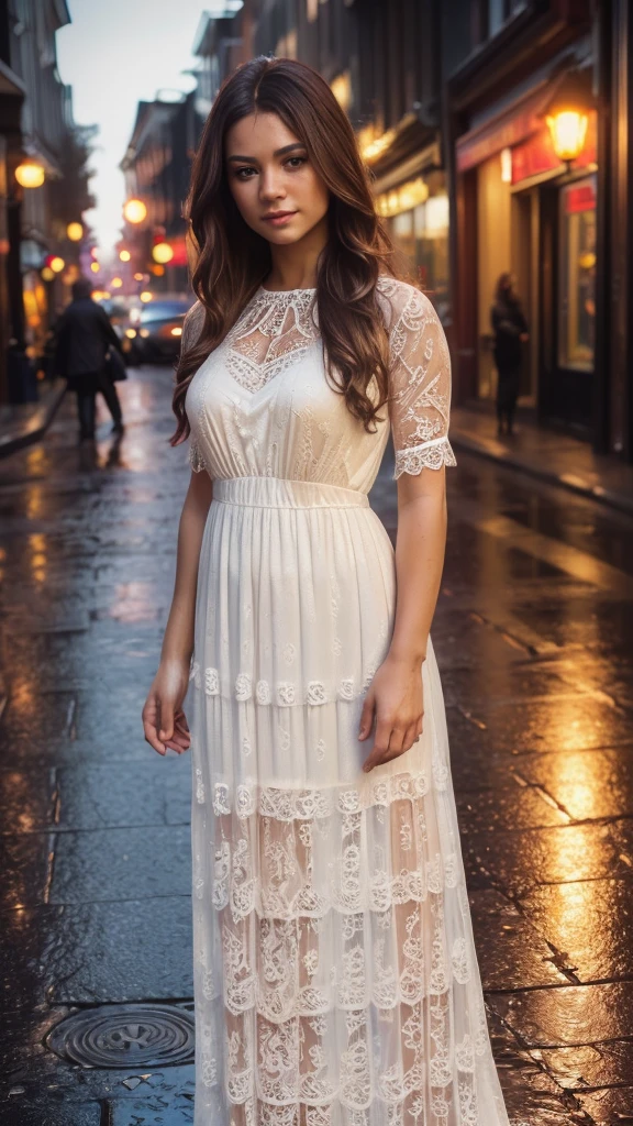 (best quality,8k, ((wearing lace maxi dress)),standing,red light district,highly detailed face and skin texture,detailed eyes,double eyelids),portrait,sunny atmosphere,soft focus,warm color tones,subtle backlighting,dewdrops on lashes,urban landscape,reflection on wet pavement,moody aesthetic. Body main focus,  
