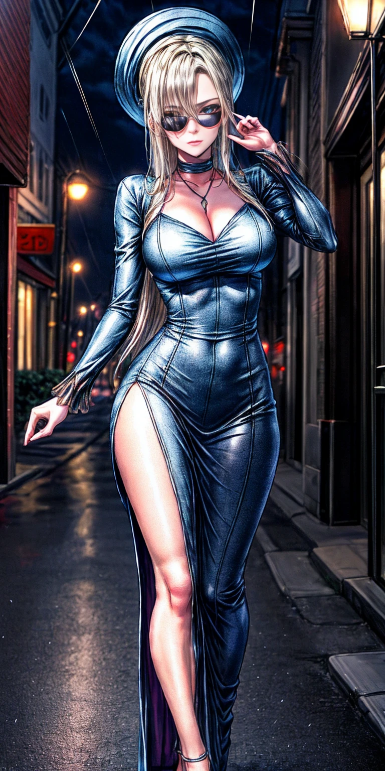 Setting: Atmospheric Street Background (Think bustling city street at night with neon lights and rain, a foggy alleyway, or a deserted highway at dusk) - Choose the specific atmosphere you desire. Character: Appearance: Ultra Quality - High level of detail and realism Shiny Skin - Glowing and healthy Long wet Hair - Flowing down the back Narrowed Eyes - Focused and intense expression (sharp or piercing) Attire: Long Dress - Elegant and flowing Pose: Fingers Crossed - A gesture hinting at hope, nervousness, or even making a wish. Accessories: Sunglasses - Adding a touch of mystery or coolness (consider the style of sunglasses to match the overall mood) Additional Notes: Consider adding details about the character's posture (standing tall, leaning against a wall, etc.) to enhance the scene. The quality of the image is 8K or Cinematic 