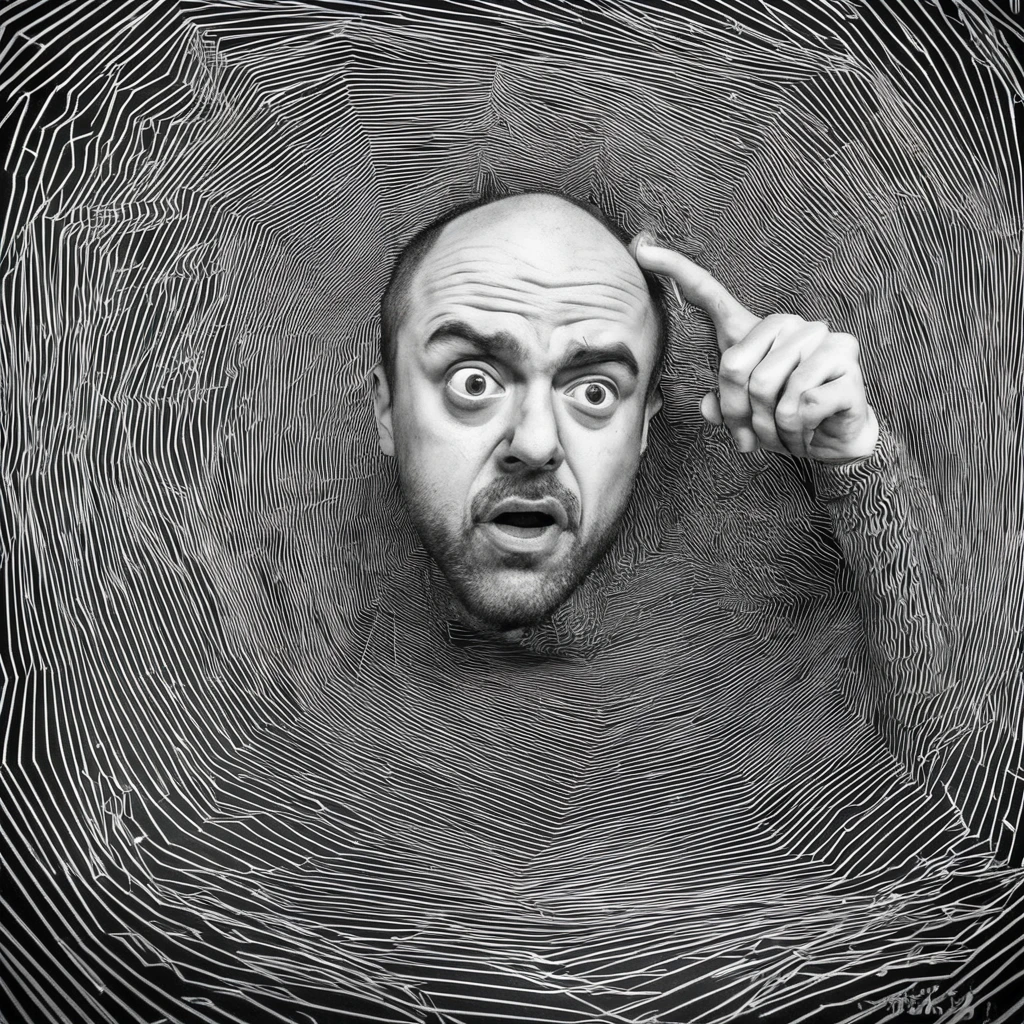 Portrait of a scared man, Black and white spiral lines