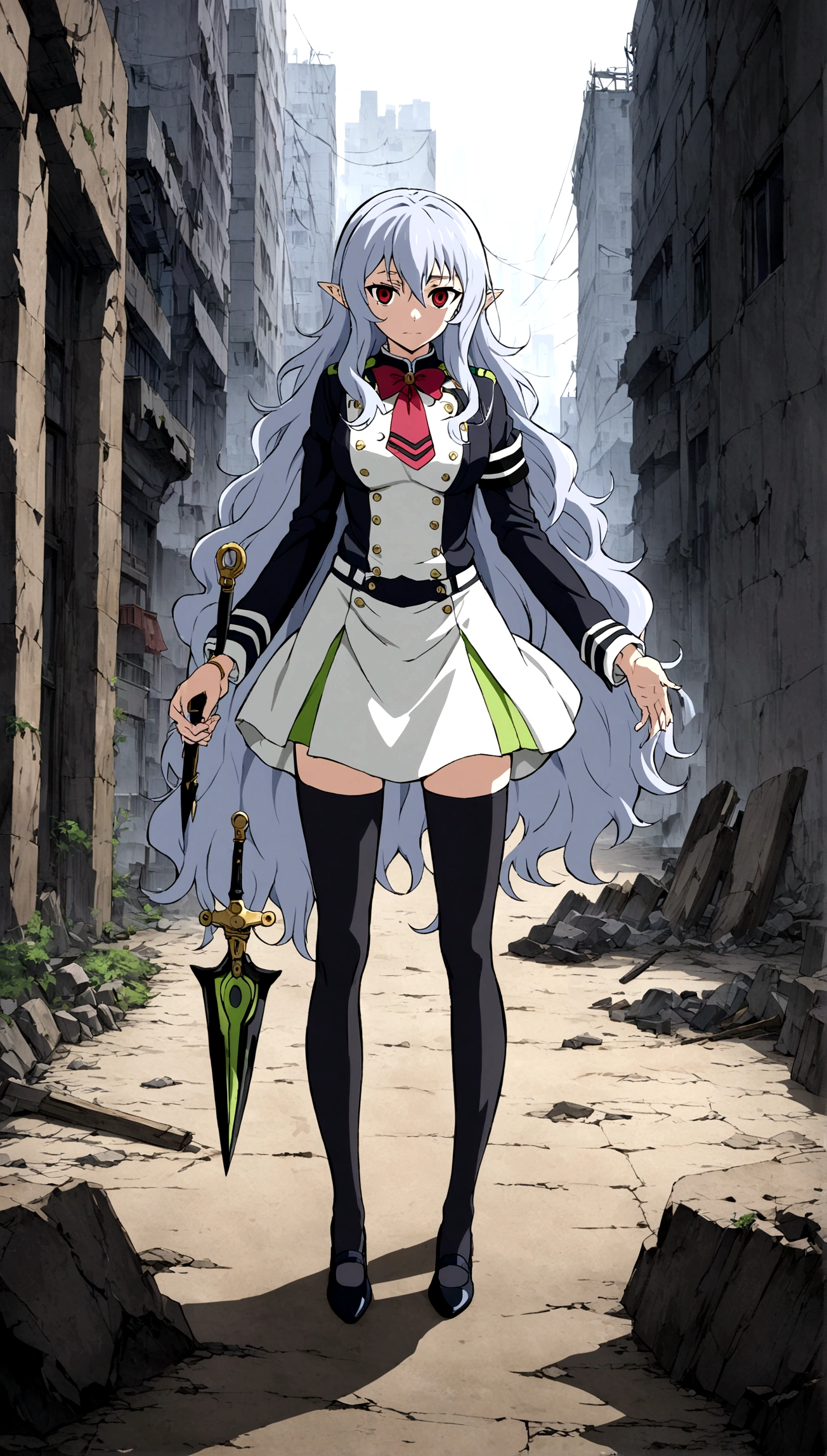 Anime. Owari no Seraph. 1 Girl. Expensive . A vampire. Clumsy. Progenitor. Silver hair. Wavy hair. Long hair. Red eyes. Beautiful eyes. Perfect eyes. Expressive eyes. Ideal face. Perfect body. Beautiful long ones. legs. Beautiful nose. 18 years. Big breasts. Standing. Full height. Beautiful character design. Shiny skin. Pointy ears. White dress. Vampire uniform dress from Owari no Seraph. Black stockings. Cold. Runny nose. Nasal from behind. Slpli flows from the nose. Heeled shoes. He holds a worn-out dagger in each hand. Ruins of Tokyo. Whole body. NSF. Official art. Extremely detailed CG Unity 8k wallpaper. Ideal lighting. Ultra high resolution 4K. Super detailed 8K. A high resolution.