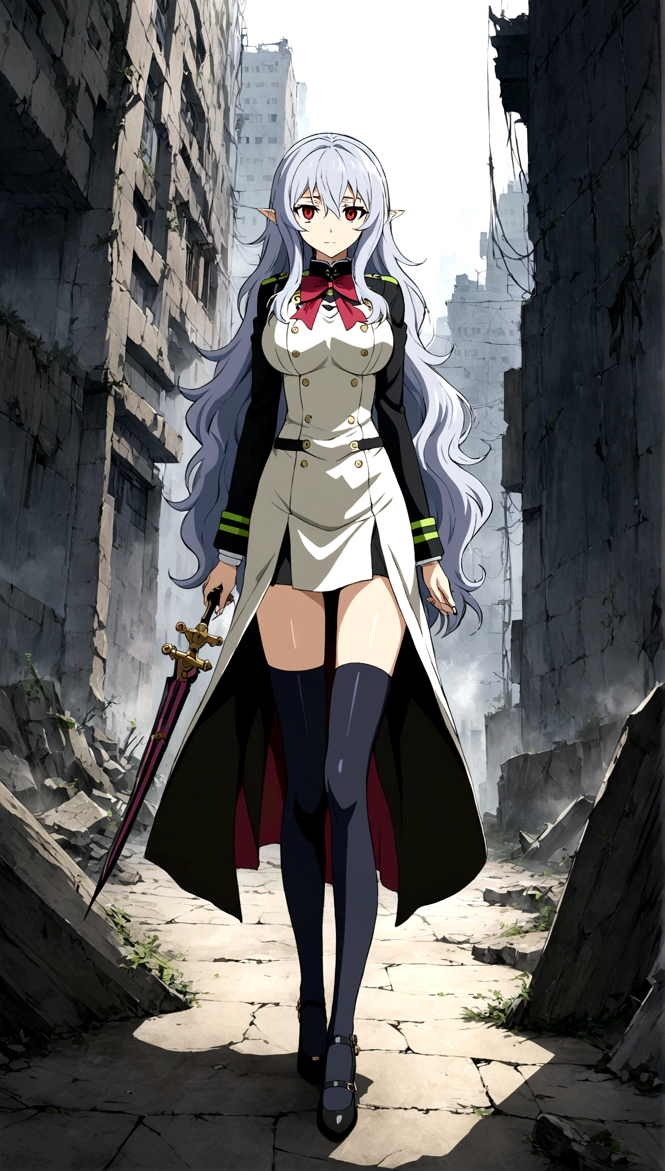 Anime. Owari no Seraph. 1 Girl. Expensive . A vampire. Clumsy. Progenitor. Silver hair. Wavy hair. Long hair. Red eyes. Beautiful eyes. Perfect eyes. Expressive eyes. Ideal face. Perfect body. Beautiful long ones. legs. Beautiful nose. 18 years. Big breasts. Standing. Full height. Beautiful character design. Shiny skin. Pointy ears. White dress. Vampire uniform dress from Owari no Seraph. Black stockings. Cold. Runny nose. Nasal from behind. Slpli flows from the nose. Heeled shoes. He holds a worn-out dagger in each hand. Ruins of Tokyo. Whole body. NSF. Official art. Extremely detailed CG Unity 8k wallpaper. Ideal lighting. Ultra high resolution 4K. Super detailed 8K. A high resolution.