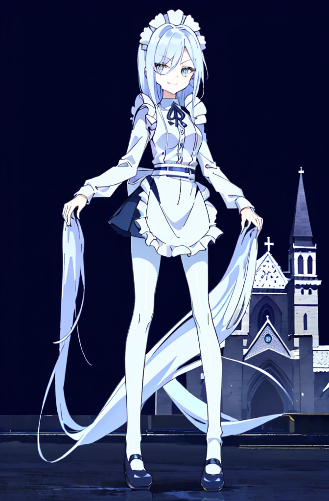 ((cathedral background)),1 girl,blue hair, plump and slender girl, (girl wearing white shirt, black wrinkled skirt, with black transparent pantyhose), ((blue medium hair)),((White Maid Costume)),blue eyes,((whole body)),whole body,((White Maid Costume)),((White Maid Costume)),evil smile,((cathedral background)),((cathedral background)),((slim body)),((slender body)),((thin legs)),