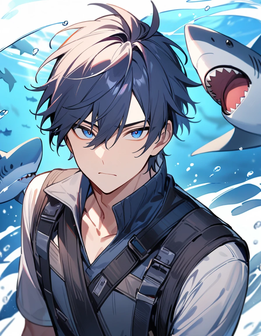 (1boy,) male focus, shark, dark blue eye color, masterpiece, best quality, high quality, upper body, male focus