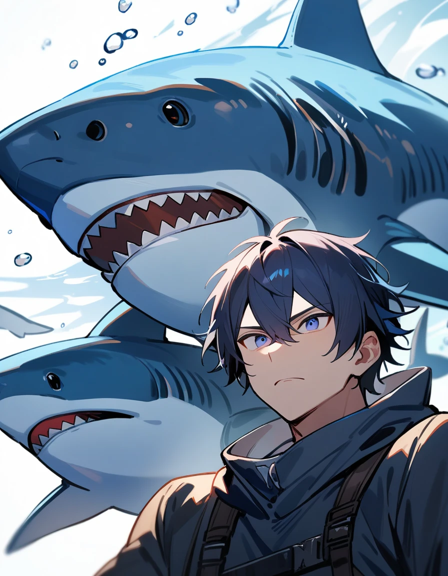 (1boy,) male focus, shark, dark blue eye color, masterpiece, best quality, high quality, upper body, male focus