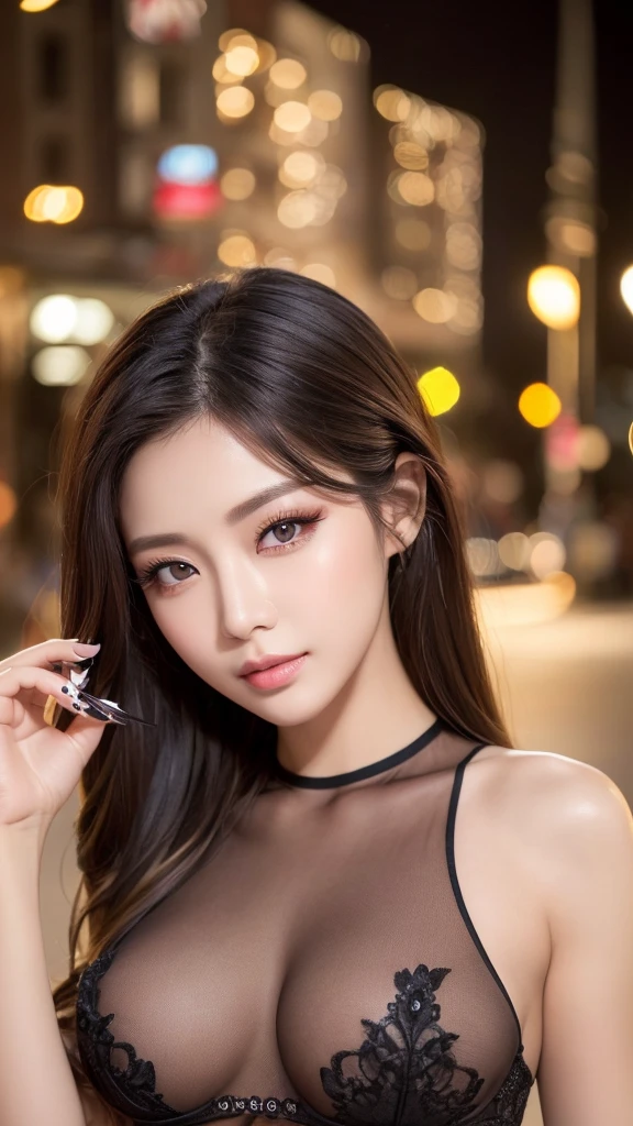((Highest quality、8K、masterpiece、Realistic live action:1.3))、Sharpness:1.2、Perfect body beauty:1.4、Slim Abs:1.2、((Mesh Hair Color、Big Breasts:1.2))、(Black Mini Dress:1.1)、(Night view、City:1.2)、Highly detailed face and skin texture、Fine particles、double eyelid、looking at the camera、((Beautiful Skin))Fashion Model、Moisturizing Skin、Shiny, beautiful skin, lip-syncing lips、Realistic live action、False eyelashes、Nail nails、