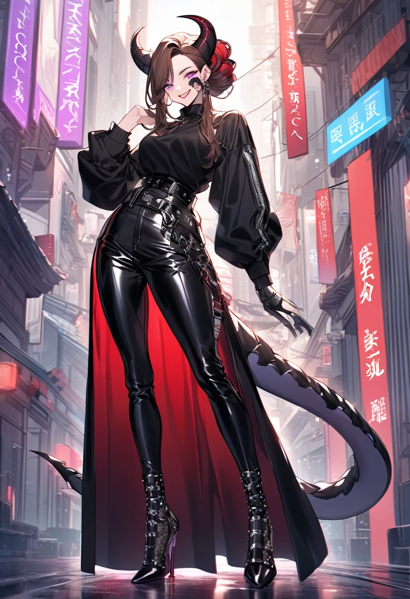 Tall woman, cheeky smile, brunette, hair gathered in a low bun, strands on the sides of face, red and black clothes with transparent elements on top clothes, purple eyes, dragon tail and horns, belts, pants, light lipstick, high heels leather boots
