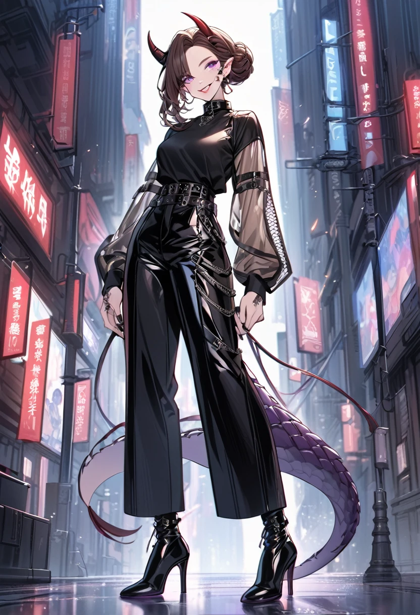 Tall woman, cheeky smile, brunette, hair gathered in a low bun, strands on the sides of face, red and black clothes with transparent elements on top clothes, purple eyes, dragon tail and horns, belts, pants, light lipstick, high heels leather boots
