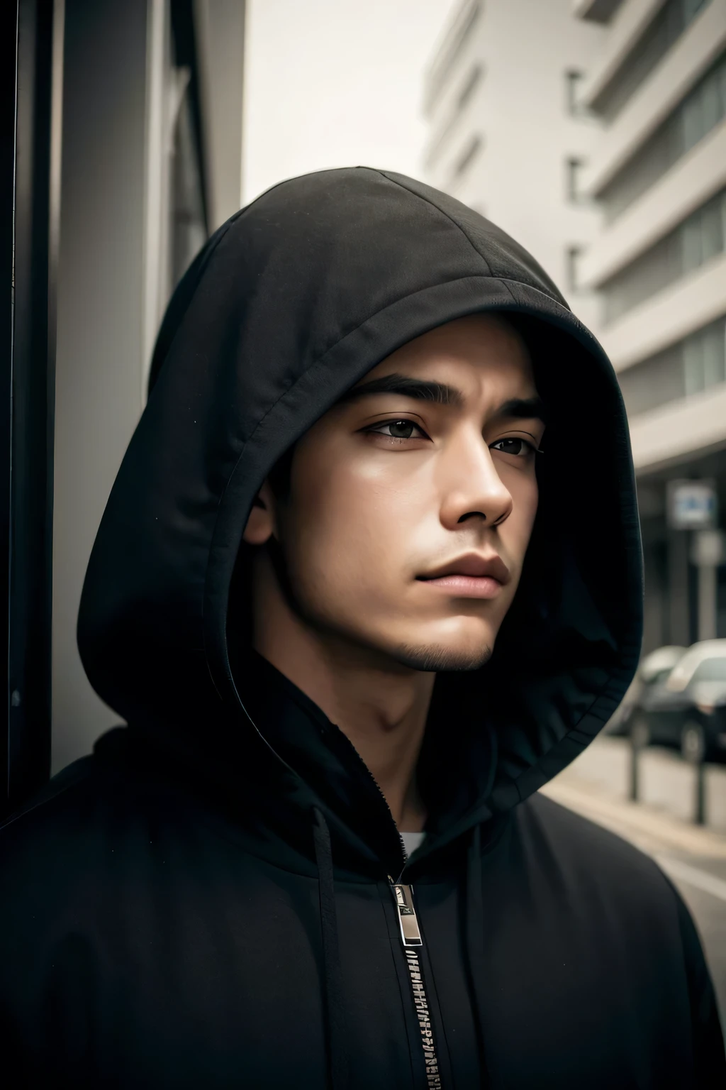 1 men , with black hood , looking to the future , with sadness