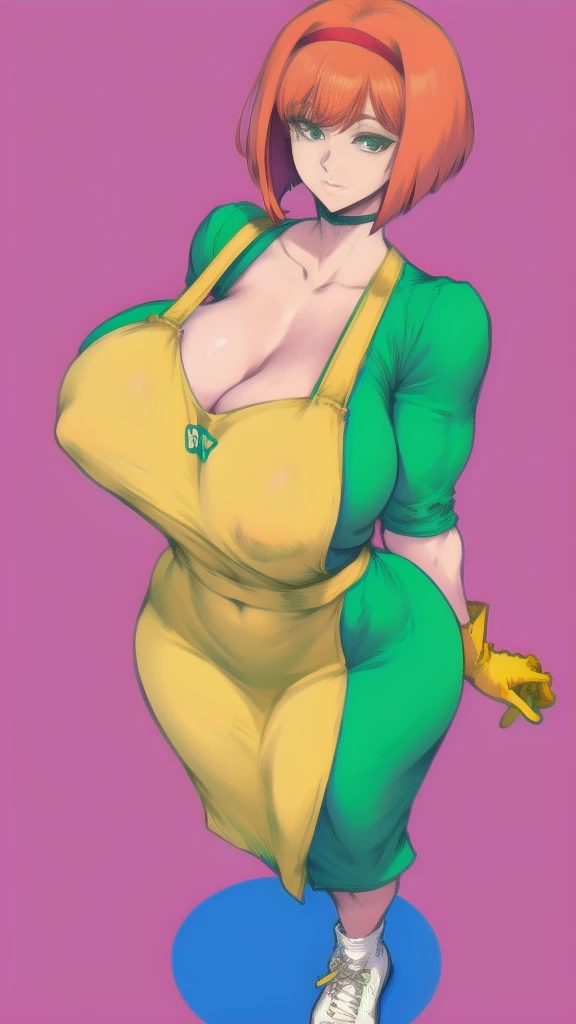 Full body image of Dexter's Mom from Dexter's Laboratory, full body in image, wearing her original outfit (yellow rubber gloves, green dress with white apron, red hair in a bob cut, and white shoes), short hair, female body, curvy and voluptuous body, dynamic pose, detailed pose, simple background, expressive face, focus on face, line art, sketch