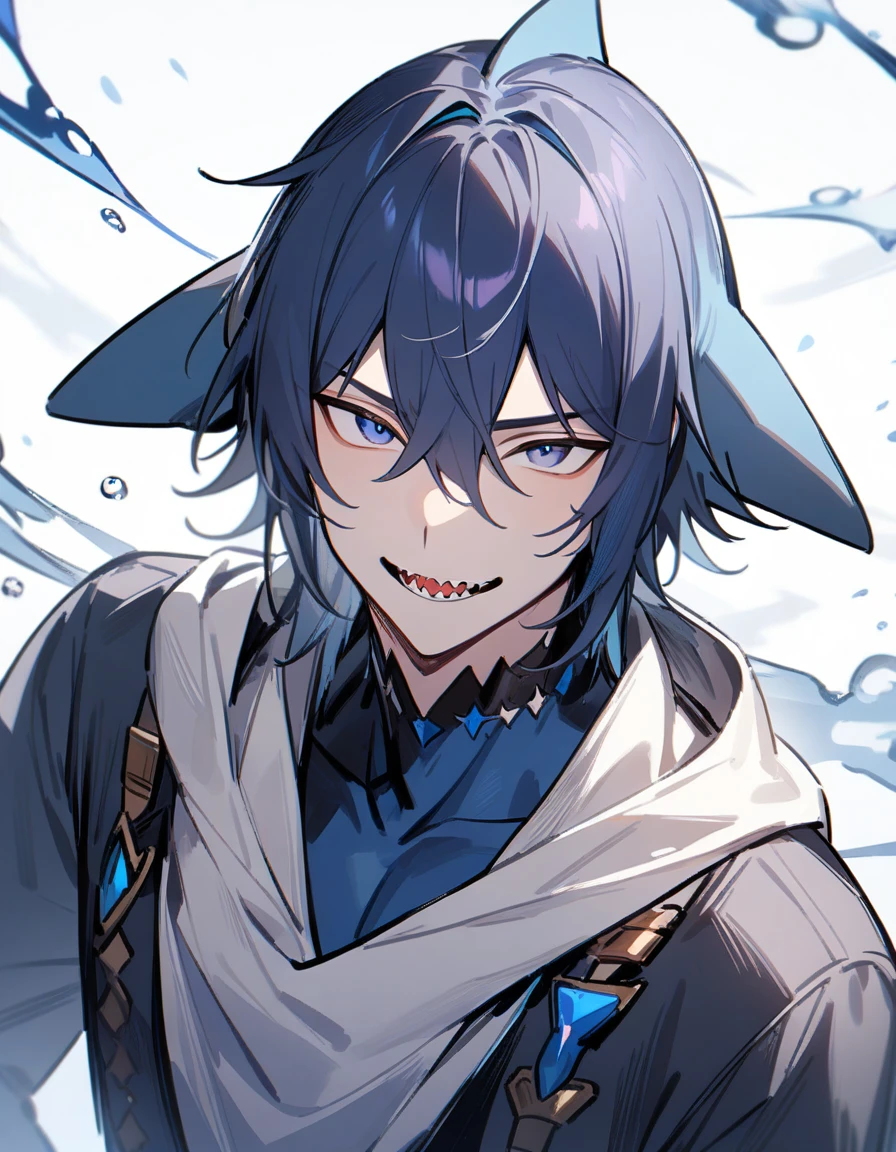 (1boy,) male focus, shark human, dark blue eye color, masterpiece, best quality, high quality, upper body, male focus