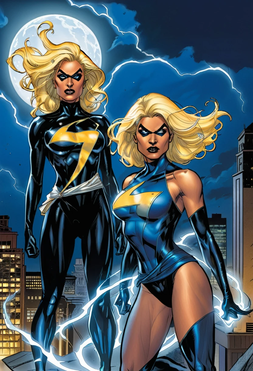 A comic book-style Marvel cover showing two heroines, Centella with short blonde hair, bright blue suit with white lightning symbol, and Tempest with long black hair, blue and white suit, in heroic poses, surrounded by a night cityscape with disturbing shadows in the background. In the sky, the dark figure of the villainous Night Lady is seen, a tall and thin woman, with hair black as night and eyes bright as the full moon, dressed in a tight black suit that allows her to move with agility and discretion. His abilities include the ability to blend into shadows to become invisible., create illusory projections that disorient your enemies, and launch blasts of dark energy that can weaken your opponents.